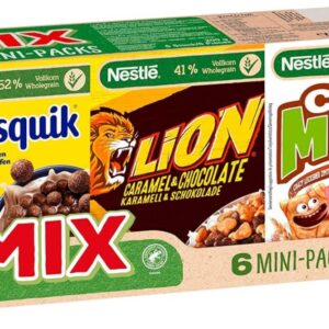 Nestlé MIX Płatki Śniadaniowe – 6 Mini-Packów (2x Nesquik, 2x Lion, 2x Cini Minis)
