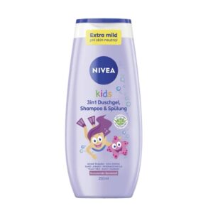 NIVEA Kids 3w1 – żel pod prysznic, szampon i odżywka
Zapach:(owocowy / jagodowy)
Pojemność: 250 ml