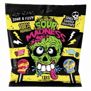 Sour Madness – lizaki kwaśne (skull shaped lollipops) 90 g 10 lizaków 
Intensywnie kwaśne lizaki o unikalnym, „musującym” efekcie, (11.06.2027r )